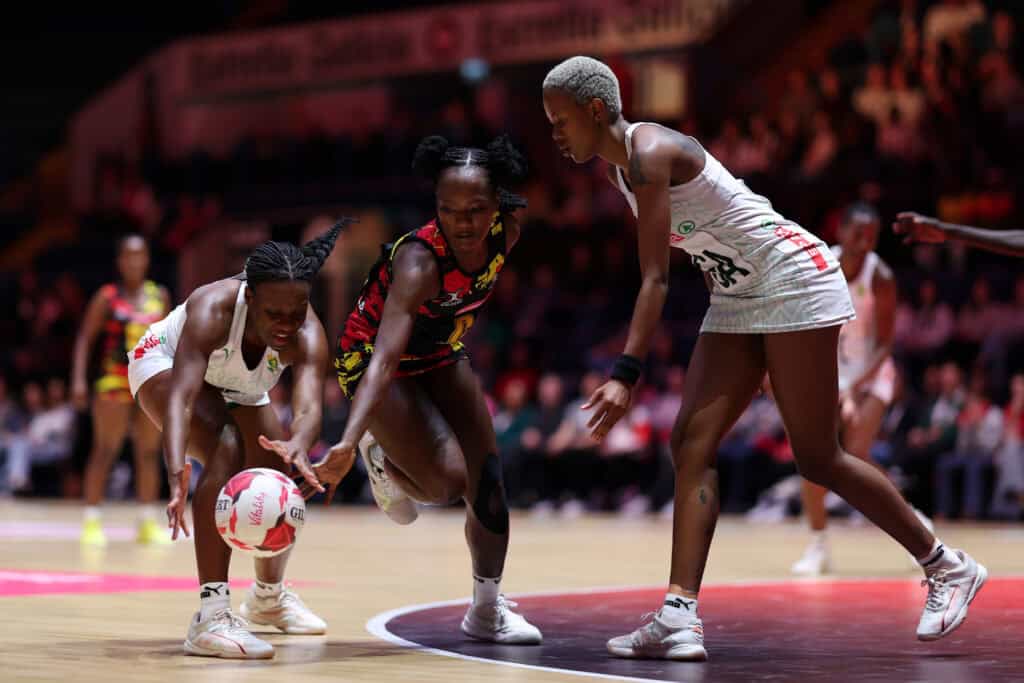 KC Chawane, SPAR Proteas captain, going for the ball against Uganda in the opening match of the Vitality Netball Nations Cup played at the Motorpoint Arena in Nottingham, United Kingdom on Saturday, 1 February 2025. South Africa beat Uganda 70-45. (Picture Credit: Morgan Harlow)