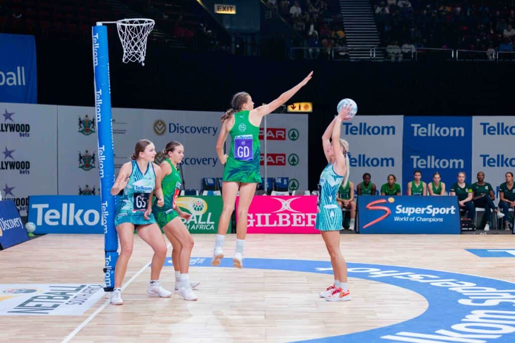 Crinums GA Xandri Fourie shoots for goal against Flames at the Sun City Super Bowl